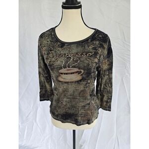 Womens Espresso Coffee Cup Graphic TShirt 3/4 Sleeve Round‎ Neck Casual Top